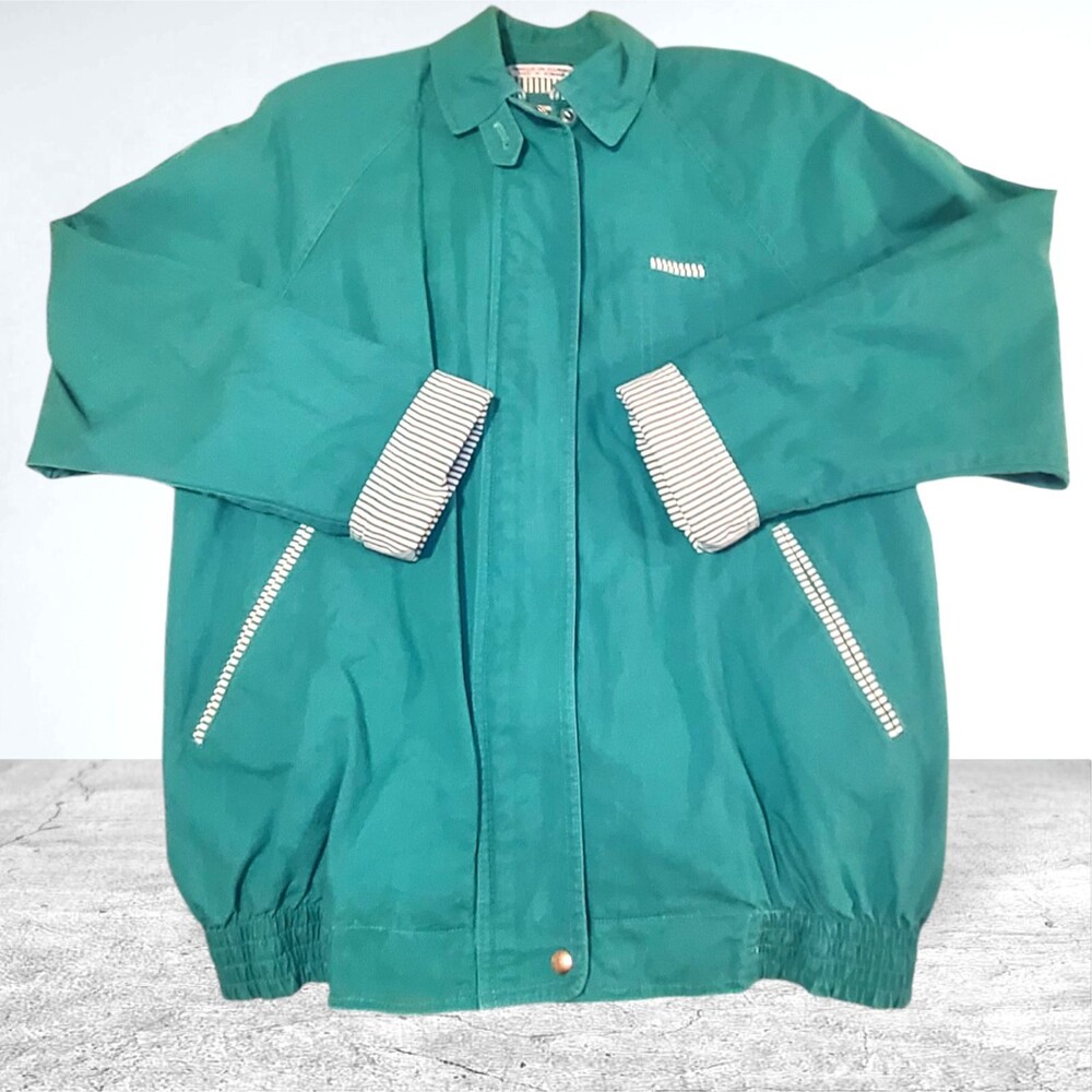 Vintage 80s 90s Teal Cyclone Stripe Lined Size M Collared Coat Pockets